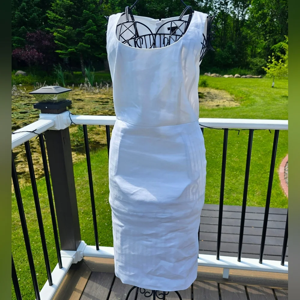 Ann Taylor White Herringbone Linen Sheath Dress - Picture 4 of 10